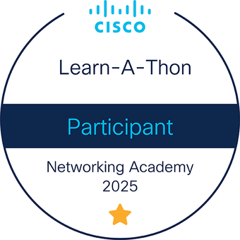 Networking Academy Learn-A-Thon 2025 badge image. Experience. Issued by Cisco