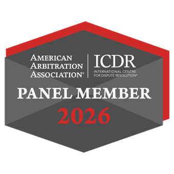 AAA-ICDR Panel Member badge image. Issued by American Arbitration Association