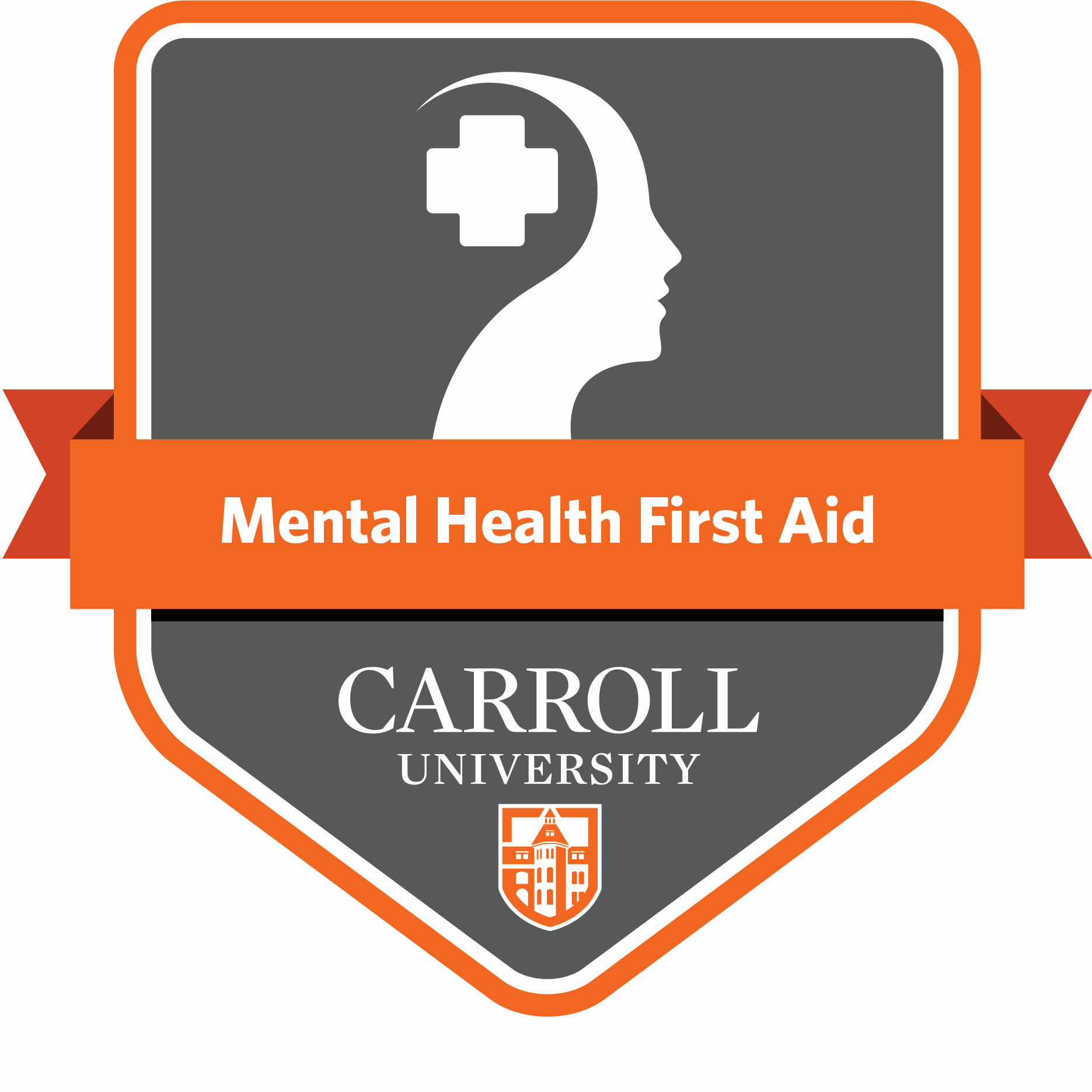 Mental Health First Aid badge image. Issued by Carroll University