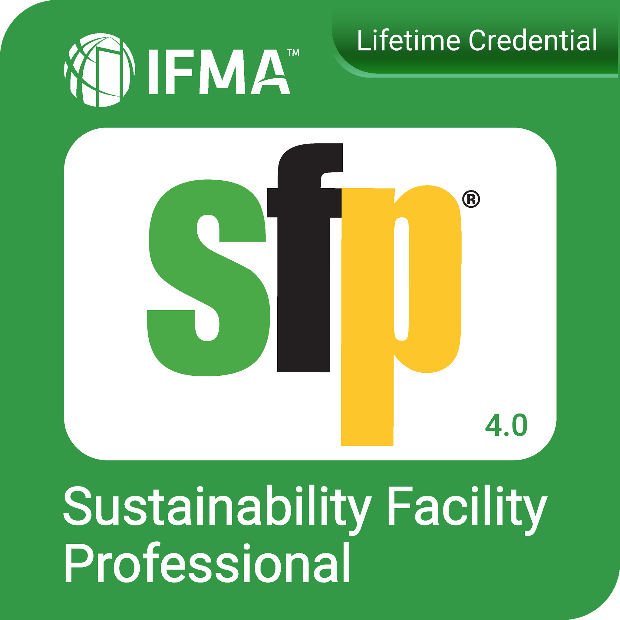 Sustainability Facility Professional (SFP) badge, issued by IFMA, verified on Credly