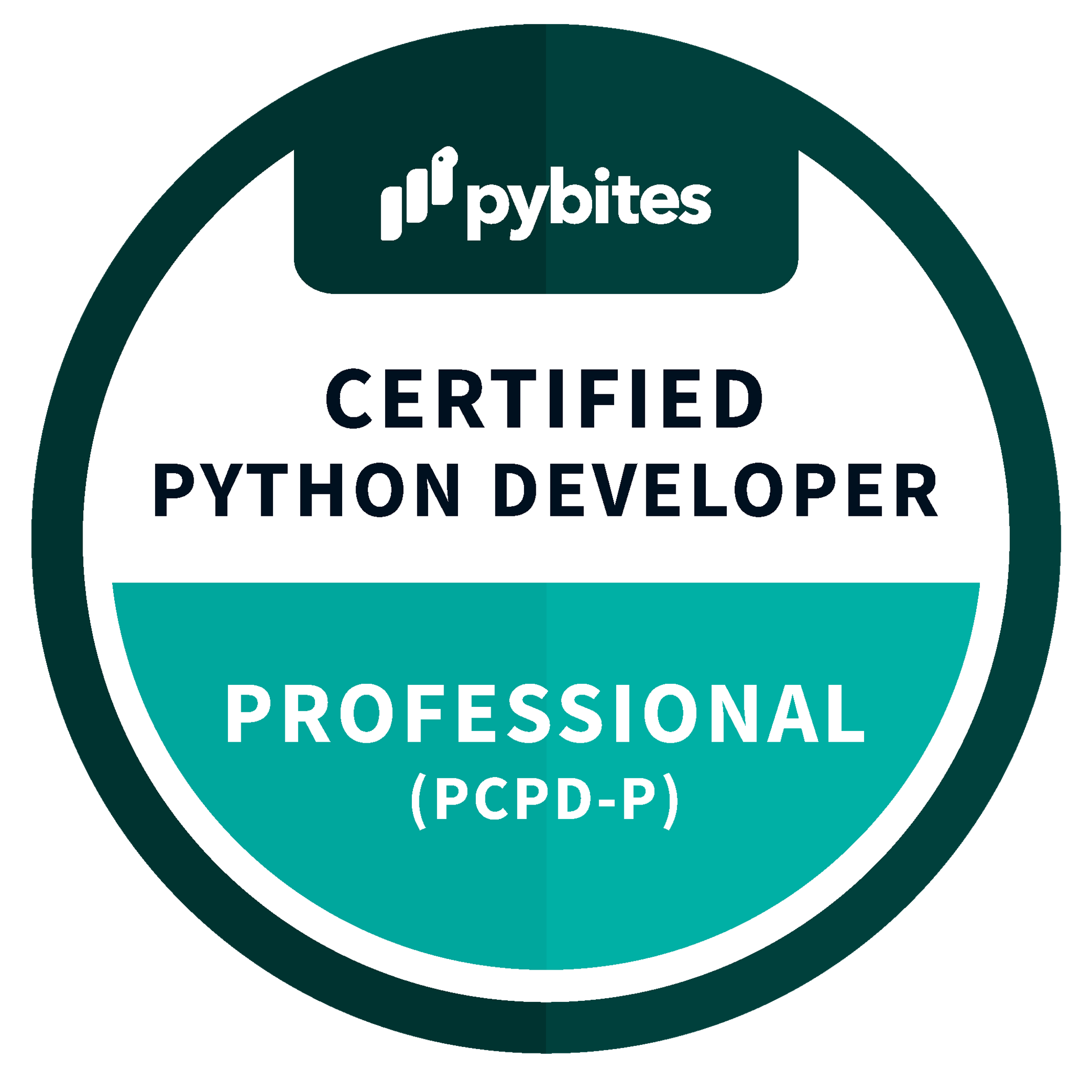 Pybites Certified Python Developer - Pro (PCPD-P) badge image. Certification. Advanced level. Issued by Pybites